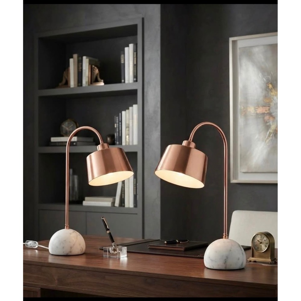 Set of 2 Target Threshold Copper Task Lamps with White Marble Bases